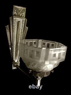 Hanots Applique Art Deco Bronze Nickelé & Coupelle En Verre Presse 1930