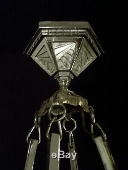 Hanots Chandelier Or Suspension Art Deco Bronze & Squeezed Glass Vessel 1930