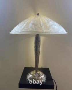 Hettier & Vincent Art Deco Bronze Table Lamp with White Pressed-Glass Bowl by EJG
