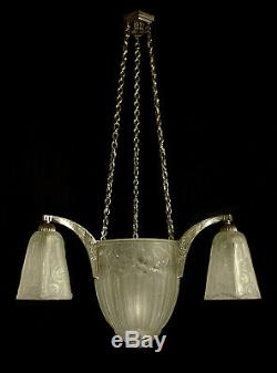 Hettier & Vincent Art Deco Chandeliers 4 Fires Bronze And Nickel Pressed Glass