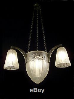 Hettier & Vincent Art Deco Chandeliers 4 Fires Bronze And Nickel Pressed Glass