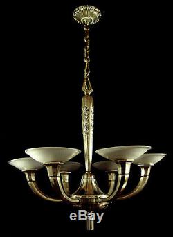 Hettier & Vincent Art Deco Chandeliers 6 Lights Bronze Cups & Muller Frères 1930