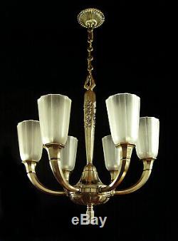 Hettier & Vincent Art Deco Chandeliers 6 Lights Bronze Cups & Muller Frères 1930