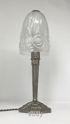 Hettier - Vincent Bronze Bronze Bronze Deco Lamp Nickeled, Baccarat Crystal Tulip