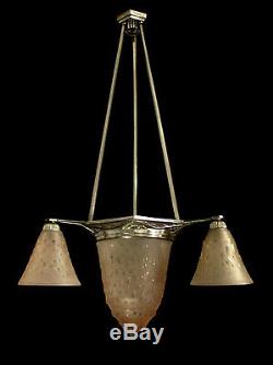 Hettier & Vincent Chandelier Art Deco Bronze And Glass Nickel Pressed Muller 1930