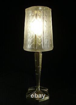 Hettier - Vincent Lampe Art Deco In Bronze - Tulip In Pressed Glass Signed 1930