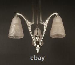 Hettier & Vincent / Model-Verdun Art Deco Silvered Bronze and Molded Glass Chandelier