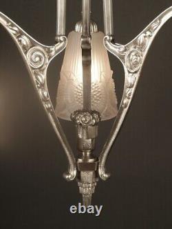 Hettier & Vincent / Model-Verdun Art Deco Silvered Bronze and Molded Glass Chandelier