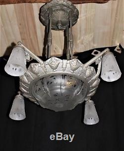 Important Chandelier Muller Brothers Lunéville Nickel-plated Bronze And Art Deco Glass