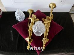 Important pair of gilded bronze candelabra 6 kg with loves H 35cm, 20th century style