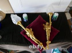 Important pair of gilded bronze candelabra 6 kg with loves H 35cm, 20th century style