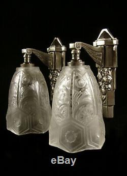 J. Gauthier Dappliques Pair Art Deco Bronze And Glass Nickel Pressed 1930