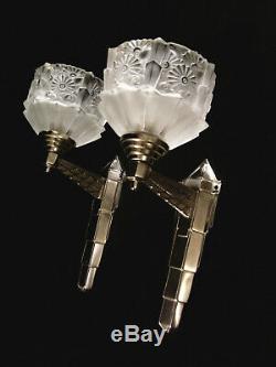 J. Gauthier Dappliques Pair Art Deco Bronze And Glass Nickel Pressed 1930