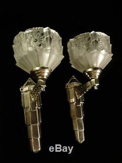 J. Gauthier Dappliques Pair Art Deco Bronze And Glass Nickel Pressed 1930