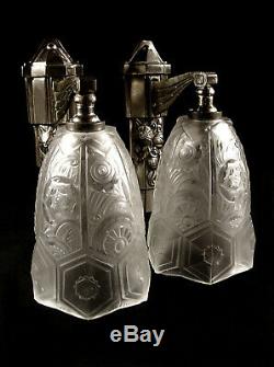 J. Gauthier Dappliques Pair Art Deco Bronze And Glass Nickel Pressed 1930