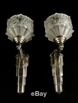 J. Gauthier Dappliques Pair Art Deco Bronze And Glass Nickel Pressed 1930