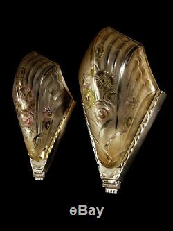 J. Gauthier Dappliques Pair Art Deco Glass Pressed Enamel Silver & Bronze