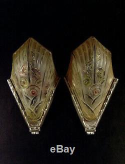 J. Gauthier Dappliques Pair Art Deco Glass Pressed Enamel Silver & Bronze