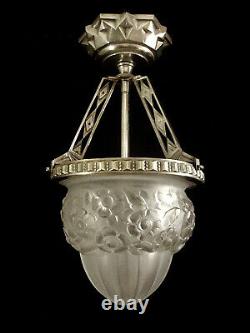 L. Hugue Et Degué Plafonnier Art Deco Bronze Silver & Globe Glass Pressed 1930