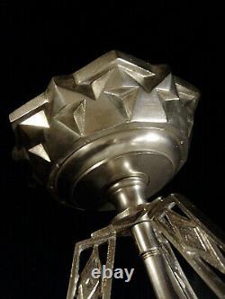 L. Hugue Et Degué Plafonnier Art Deco Bronze Silver & Globe Glass Pressed 1930