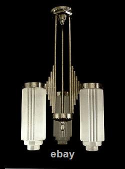 L. Vandamme Suspension Art Deco Skyscraper Bronze Nickelé & Globes Pressed Glass