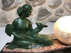 Lamp Art Deco 1930 Woman Regulated Patina Bronze On Marble Base Sign Balleste R