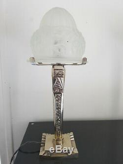 Lamp Art Deco Glass Obus 1930 Degué Foot Silvered Bronze Pair Possible Rare