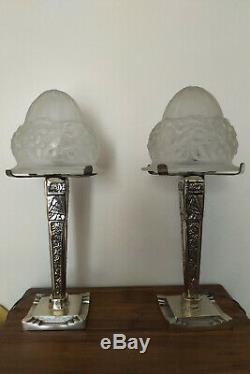 Lamp Art Deco Glass Obus 1930 Degué Foot Silvered Bronze Pair Possible Rare