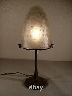 Lamp Art Deco Nickel Plated Brass And Shell Molded Glass Signed Muller Frères 1925