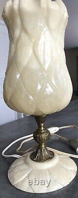 Lampe Ancient Tulipe In Albatre Art Deco/new Bronze Foot Party 34.5 CM