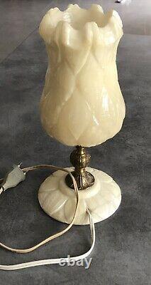 Lampe Ancient Tulipe In Albatre Art Deco/new Bronze Foot Party 34.5 CM