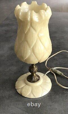 Lampe Ancient Tulipe In Albatre Art Deco/new Bronze Foot Party 34.5 CM