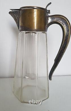 Large Art Deco Bronze, Brass, Antique Glass Pitcher with Cooler