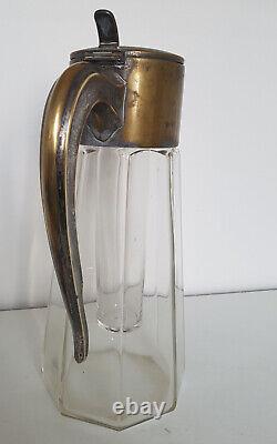 Large Art Deco Bronze, Brass, Antique Glass Pitcher with Cooler