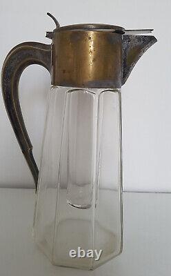 Large Art Deco Bronze, Brass, Antique Glass Pitcher with Cooler