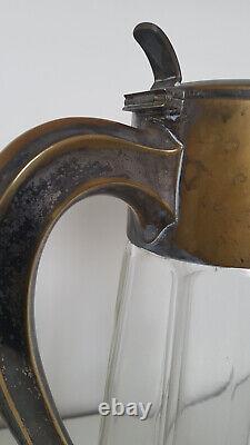 Large Art Deco Bronze, Brass, Antique Glass Pitcher with Cooler