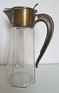 Large Art Deco Bronze, Brass, Antique Glass Pitcher with Cooler