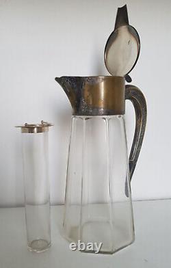 Large Art Deco Bronze, Brass, Antique Glass Pitcher with Cooler