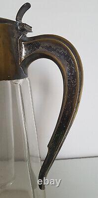 Large Art Deco Bronze, Brass, Antique Glass Pitcher with Cooler