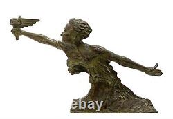 Large Art Deco Bronze Statue by Frederic C Focht Victory with Flame