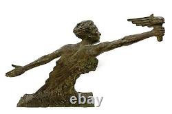 Large Art Deco Bronze Statue by Frederic C Focht Victory with Flame