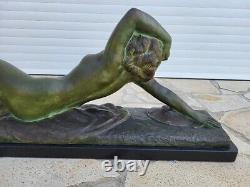 Large Art Deco Bronze Statue by M.A Bouraine 1886-1948 Etling Paris Nude Woman