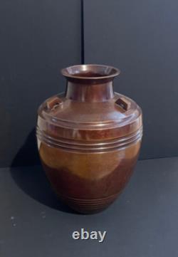 Large Art Deco Bronze Vase Signed China Japan Geometric Decor