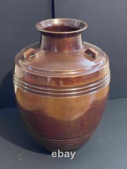Large Art Deco Bronze Vase Signed China Japan Geometric Decor