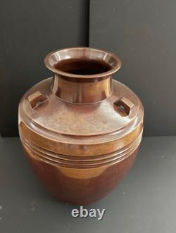 Large Art Deco Bronze Vase Signed China Japan Geometric Decor