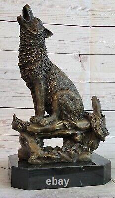 Large Art Deco Decor Fauna Milo Bronze Wolf on Cliff Sculpture Figurine