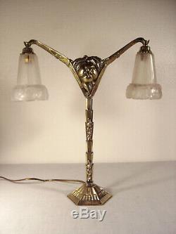 Large Double Lamp Art Deco Bronze And Tulips In Glass Molded Pressed 1925