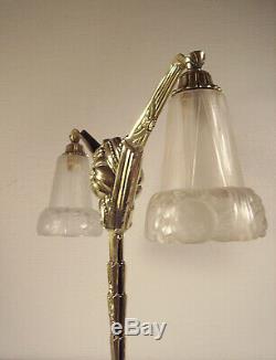 Large Double Lamp Art Deco Bronze And Tulips In Glass Molded Pressed 1925