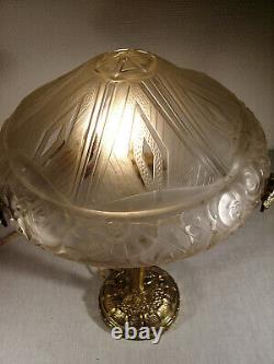 Large Mushroom Lamp Art Deco In Bronze - Vasque Signed Molded Glass 1925-1930