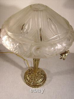 Large Mushroom Lamp Art Deco In Bronze - Vasque Signed Molded Glass 1925-1930